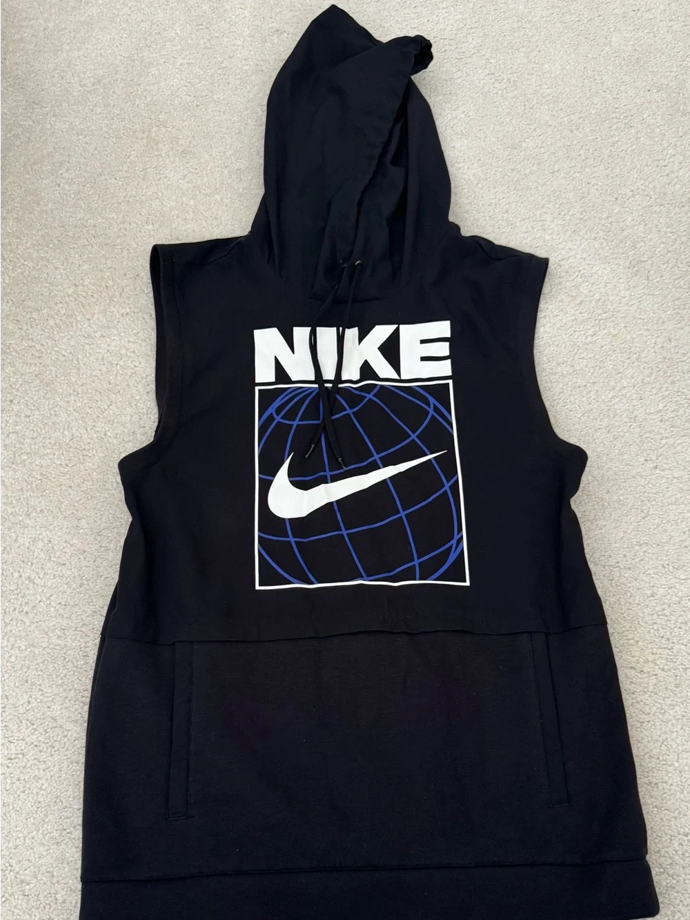 Nike Men’s Black Sleeveless Crewneck Hoodie with White and Purple Graphic